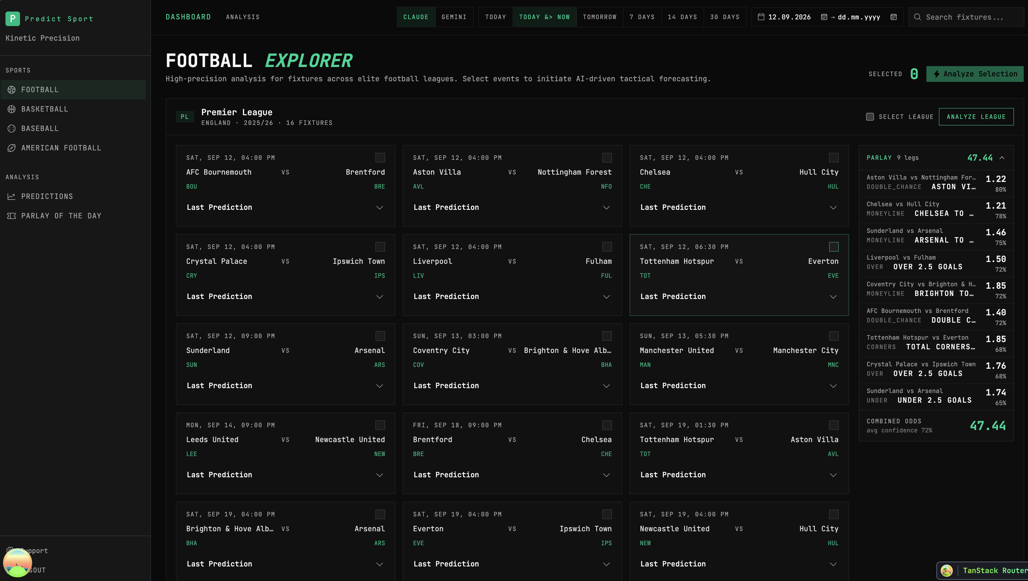 The Predict Sport fixture explorer: league fixtures with predictions and a parlay panel